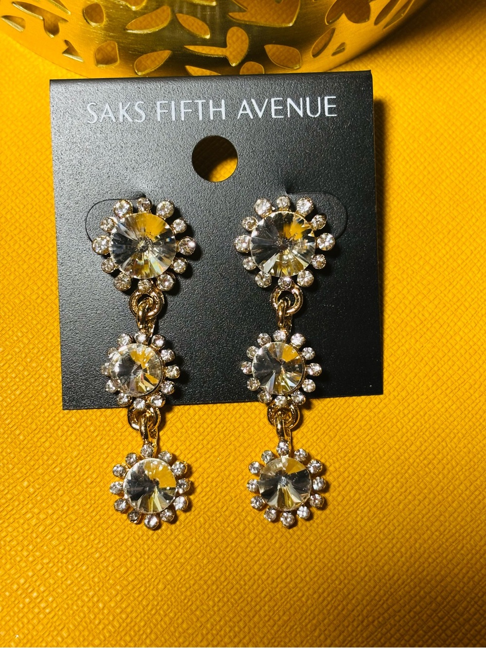 Saks Fifth Avenue Gold and Clear Crystal Triple Drop Earrings. 1.5”. New.